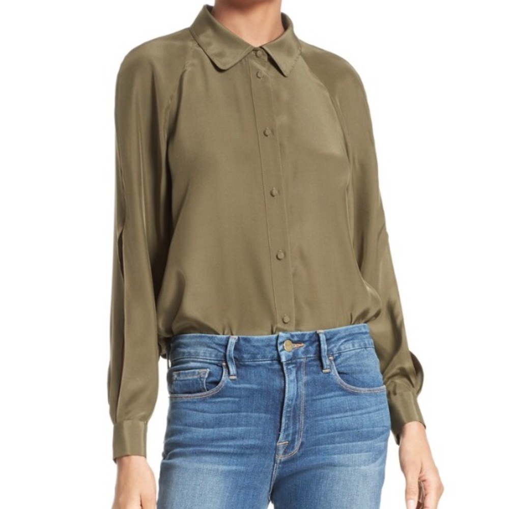 Frame Split-Sleeve Silk Blouse in Deep Army Green